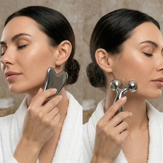 Buvyra Stainless Steel Gua Sha and Facial Roller Set: Lifting, Depuffing, and Skin Rejuvenating Massage Tools