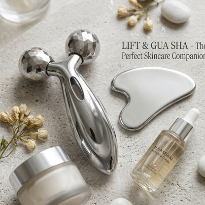 Buvyra Stainless Steel Gua Sha and Facial Roller Set: Lifting, Depuffing, and Skin Rejuvenating Massage Tools
